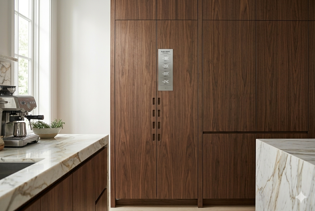 Built-in Sub-Zero freezer drawer interior showing frost-free compartment in a luxury NYC kitchen